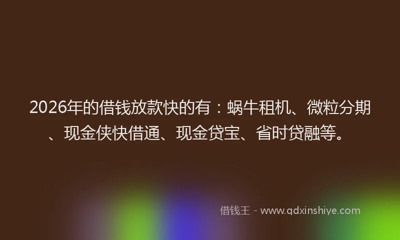2026年的借钱放款快的有：蜗牛租机、微粒分期、现金侠快借通、现金贷宝、省时贷融等。