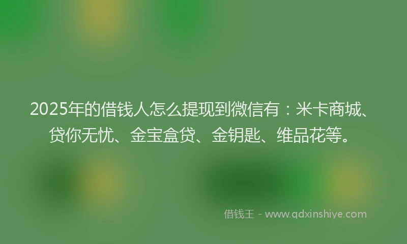 2025年的借钱人怎么提现到微信有：米卡商城、贷你无忧、金宝盒贷、金钥匙、维品花等。