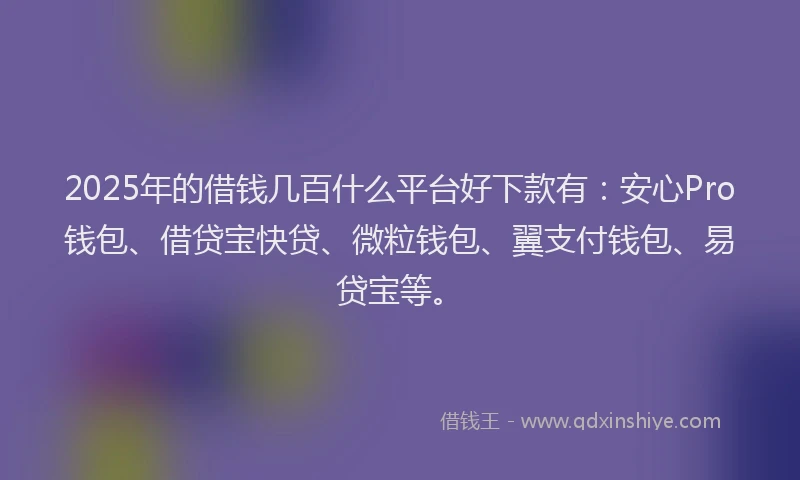 2025年的借钱几百什么平台好下款有:安心Pro钱包、借贷宝快贷、微粒钱包、翼支付钱包、易贷宝等。