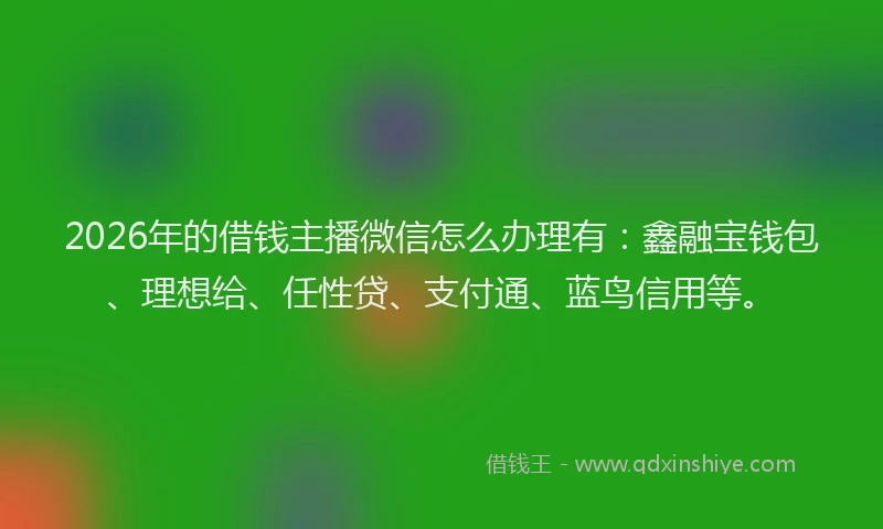 2026年的借钱主播微信怎么办理有:鑫融宝钱包、理想给、任性贷、支付通、蓝鸟信用等。