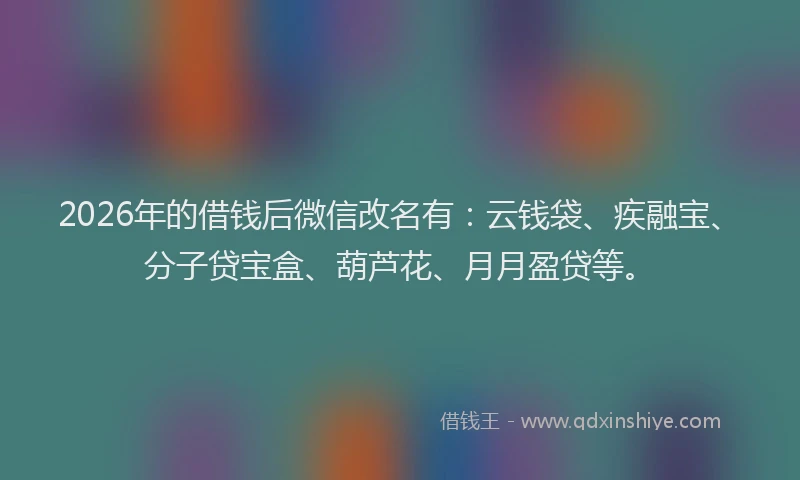 2026年的借钱后微信改名有:云钱袋、疾融宝、分子贷宝盒、葫芦花、月月盈贷等。