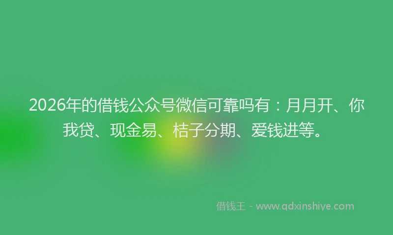 2026年的借钱公众号微信可靠吗有：月月开、你我贷、现金易、桔子分期、爱钱进等。