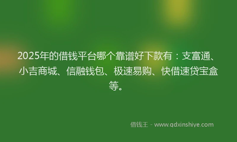 2025年的借钱平台哪个靠谱好下款有：支富通、小吉商城、信融钱包、极速易购、快借速贷宝盒等。