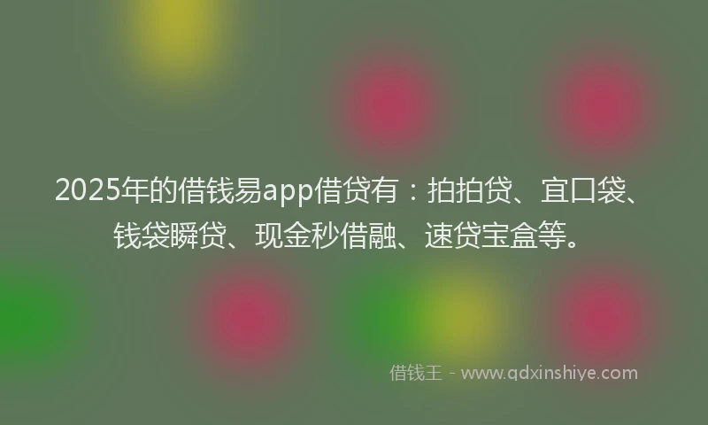 2025年的借钱易app借贷有：拍拍贷、宜口袋、钱袋瞬贷、现金秒借融、速贷宝盒等。