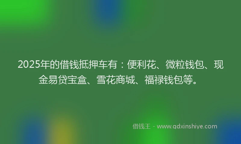 2025年的借钱抵押车有:便利花、微粒钱包、现金易贷宝盒、雪花商城、福禄钱包等。