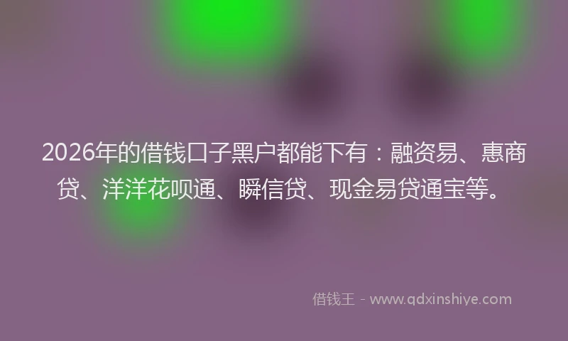 2026年的借钱口子黑户都能下有:融资易、惠商贷、洋洋花呗通、瞬信贷、现金易贷通宝等。