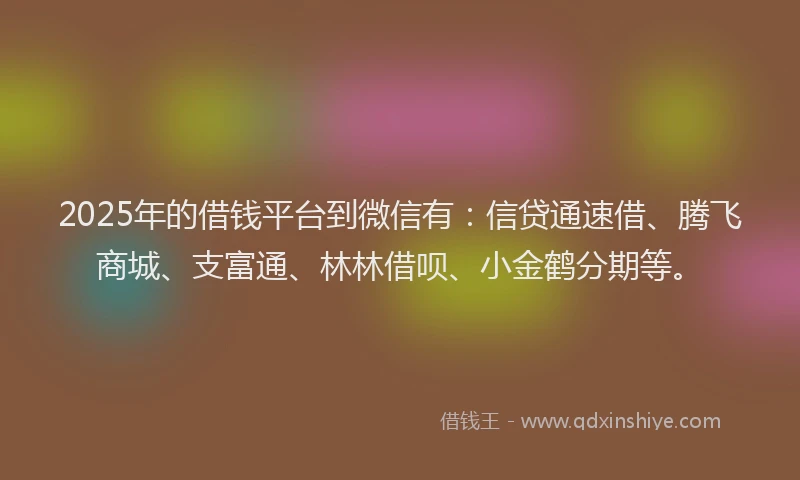 2025年的借钱平台到微信有：信贷通速借、腾飞商城、支富通、林林借呗、小金鹤分期等。