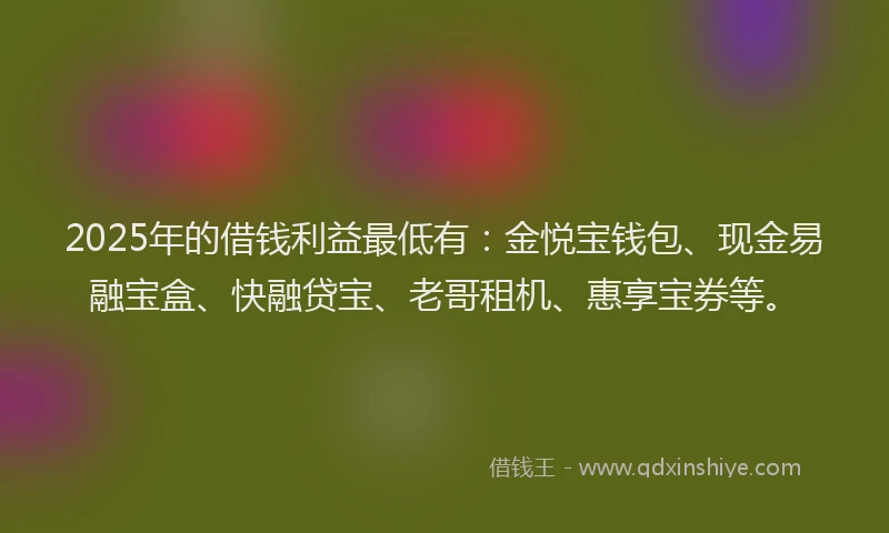 2025年的借钱利益最低有：金悦宝钱包、现金易融宝盒、快融贷宝、老哥租机、惠享宝券等。
