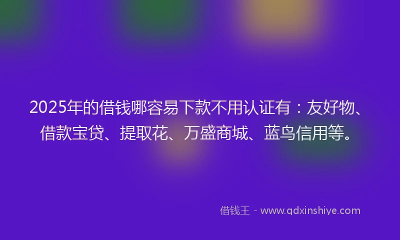2025年的借钱哪容易下款不用认证有：友好物、借款宝贷、提取花、万盛商城、蓝鸟信用等。