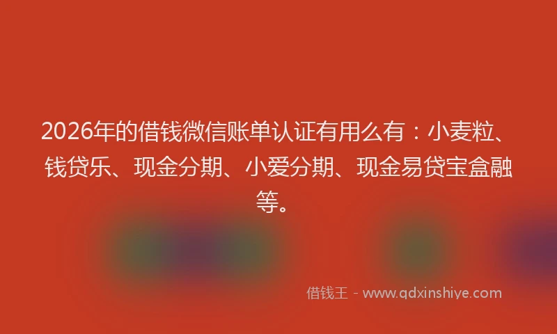 2026年的借钱微信账单认证有用么有:小麦粒、钱贷乐、现金分期、小爱分期、现金易贷宝盒融等。
