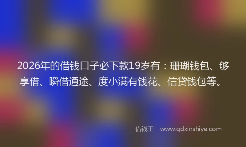 2026年的借钱口子必下款19岁有：珊瑚钱包、够享借、瞬借通途、度小满有钱花、信贷钱包等。