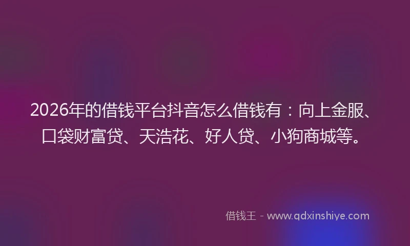 2026年的借钱平台抖音怎么借钱有：向上金服、口袋财富贷、天浩花、好人贷、小狗商城等。