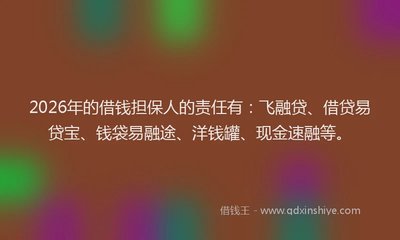 2026年的借钱担保人的责任有：飞融贷、借贷易贷宝、钱袋易融途、洋钱罐、现金速融等。