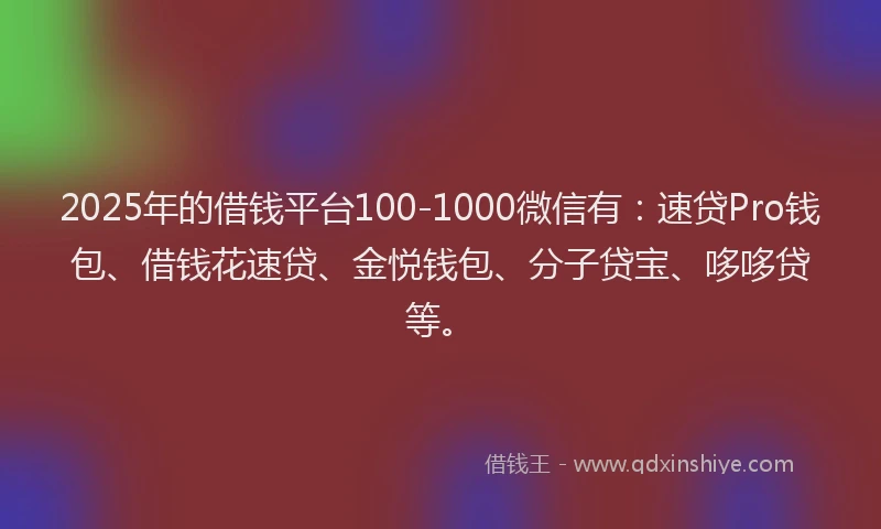 2025年的借钱平台100-1000微信有：速贷Pro钱包、借钱花速贷、金悦钱包、分子贷宝、哆哆贷等。