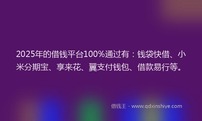2025年的借钱平台100%通过有：钱袋快借、小米分期宝、享来花、翼支付钱包、借款易行等。