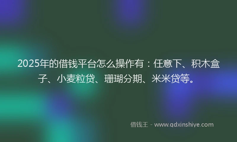 2025年的借钱平台怎么操作有:任意下、积木盒子、小麦粒贷、珊瑚分期、米米贷等。