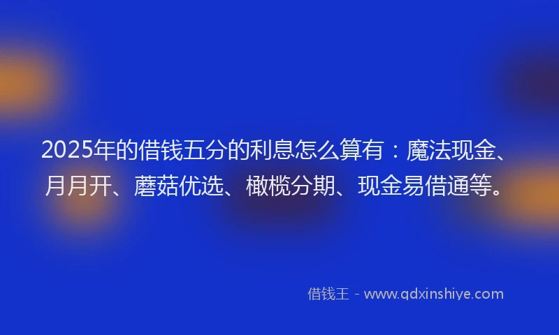 2025年的借钱五分的利息怎么算有：魔法现金、月月开、蘑菇优选、橄榄分期、现金易借通等。