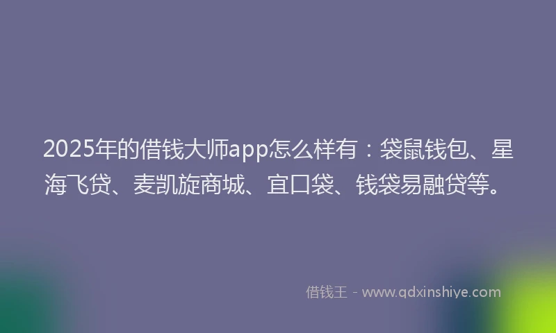 2025年的借钱大师app怎么样有:袋鼠钱包、星海飞贷、麦凯旋商城、宜口袋、钱袋易融贷等。
