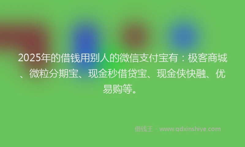 2025年的借钱用别人的微信支付宝有:极客商城、微粒分期宝、现金秒借贷宝、现金侠快融、优易购等。