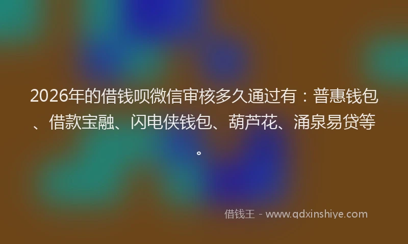 2026年的借钱呗微信审核多久通过有：普惠钱包、借款宝融、闪电侠钱包、葫芦花、涌泉易贷等。