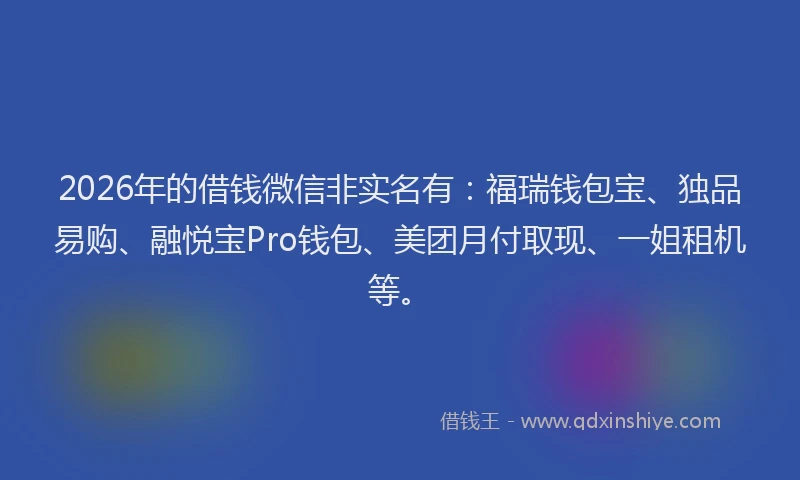 2026年的借钱微信非实名有:福瑞钱包宝、独品易购、融悦宝Pro钱包、美团月付取现、一姐租机等。