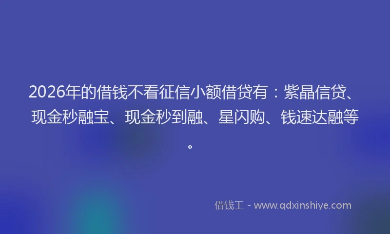 2026年的借钱不看征信小额借贷有：紫晶信贷、现金秒融宝、现金秒到融、星闪购、钱速达融等。