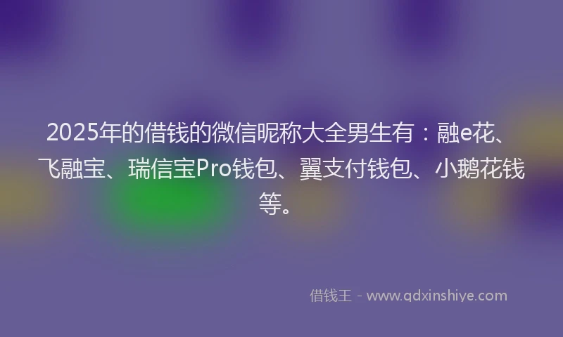 2025年的借钱的微信昵称大全男生有：融e花、飞融宝、瑞信宝Pro钱包、翼支付钱包、小鹅花钱等。