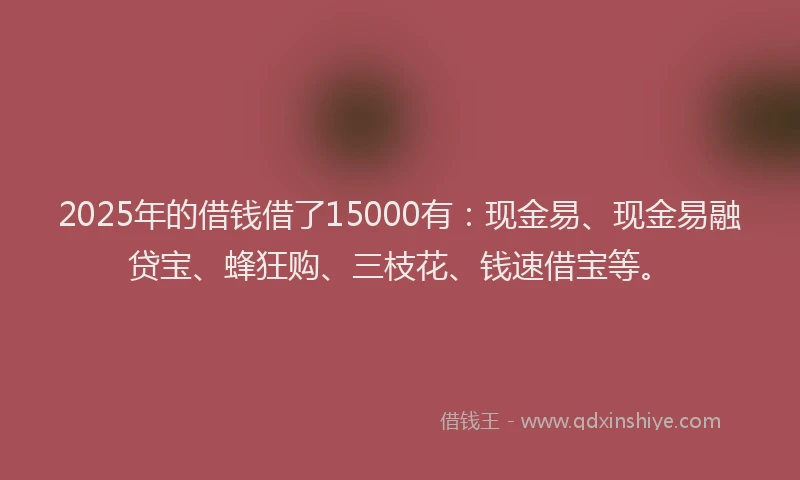 2025年的借钱借了15000有：现金易、现金易融贷宝、蜂狂购、三枝花、钱速借宝等。
