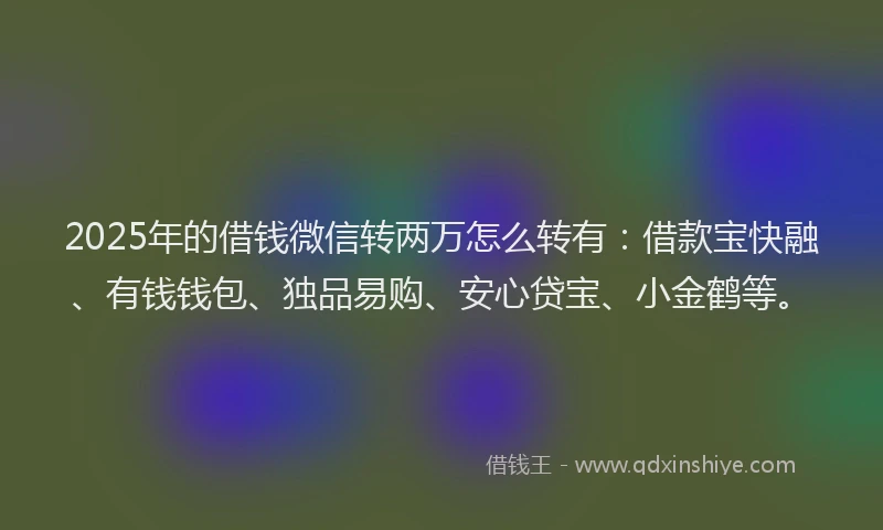 2025年的借钱微信转两万怎么转有：借款宝快融、有钱钱包、独品易购、安心贷宝、小金鹤等。