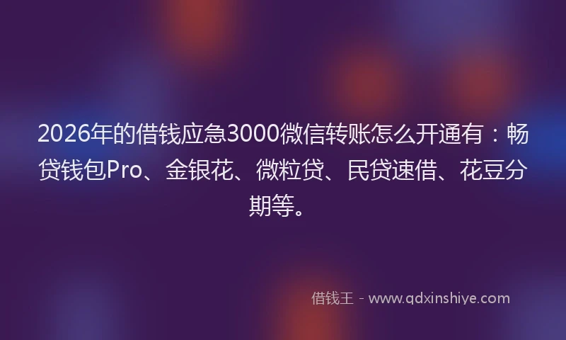 2026年的借钱应急3000微信转账怎么开通有:畅贷钱包Pro、金银花、微粒贷、民贷速借、花豆分期等。