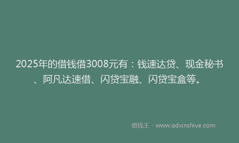 2025年的借钱借3008元有：钱速达贷、现金秘书、阿凡达速借、闪贷宝融、闪贷宝盒等。