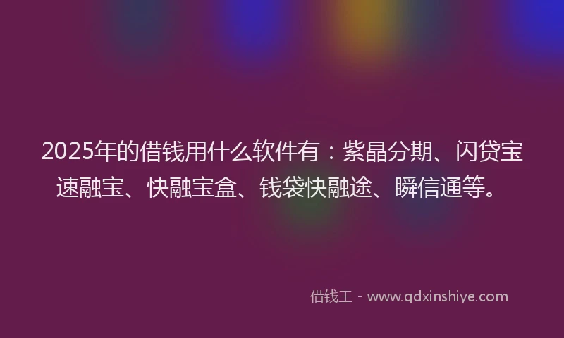 2025年的借钱用什么软件有：紫晶分期、闪贷宝速融宝、快融宝盒、钱袋快融途、瞬信通等。