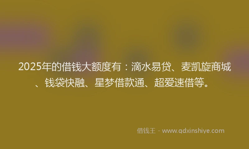 2025年的借钱大额度有：滴水易贷、麦凯旋商城、钱袋快融、星梦借款通、超爱速借等。