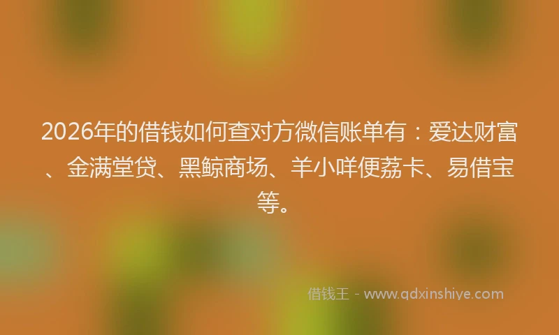 2026年的借钱如何查对方微信账单有:爱达财富、金满堂贷、黑鲸商场、羊小咩便荔卡、易借宝等。