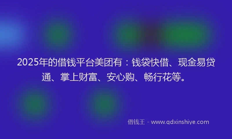 2025年的借钱平台美团有:钱袋快借、现金易贷通、掌上财富、安心购、畅行花等。