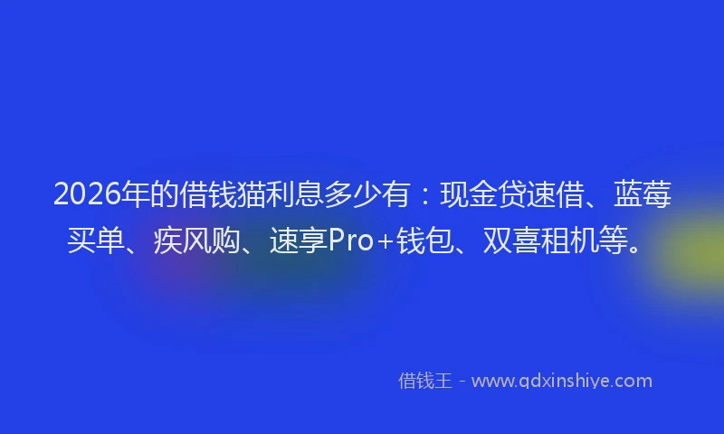 2026年的借钱猫利息多少有：现金贷速借、蓝莓买单、疾风购、速享Pro+钱包、双喜租机等。