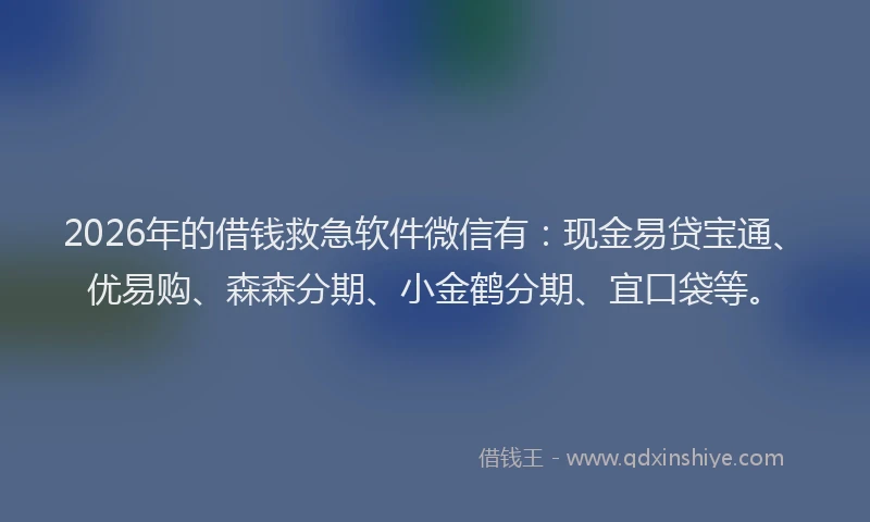 2026年的借钱救急软件微信有：现金易贷宝通、优易购、森森分期、小金鹤分期、宜口袋等。