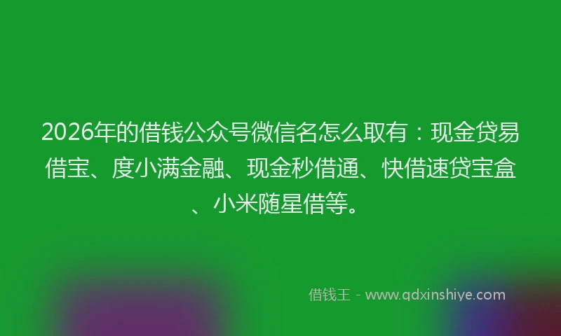 2026年的借钱公众号微信名怎么取有：现金贷易借宝、度小满金融、现金秒借通、快借速贷宝盒、小米随星借等。