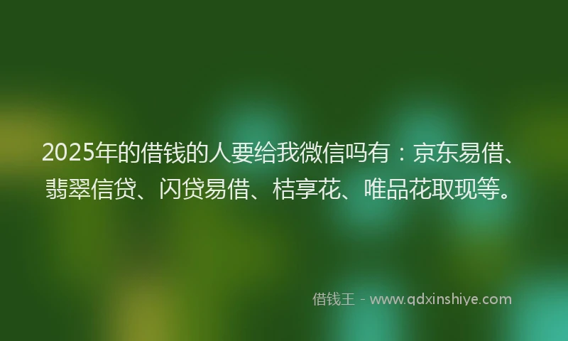 2025年的借钱的人要给我微信吗有：京东易借、翡翠信贷、闪贷易借、桔享花、唯品花取现等。