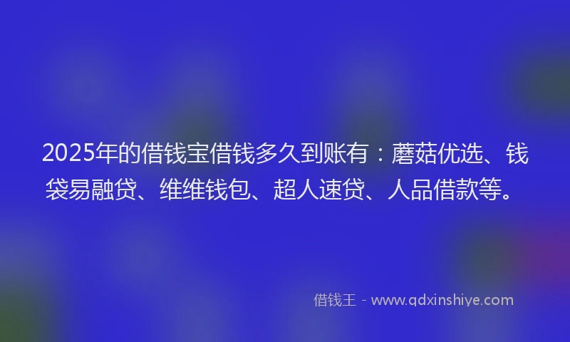 2025年的借钱宝借钱多久到账有：蘑菇优选、钱袋易融贷、维维钱包、超人速贷、人品借款等。