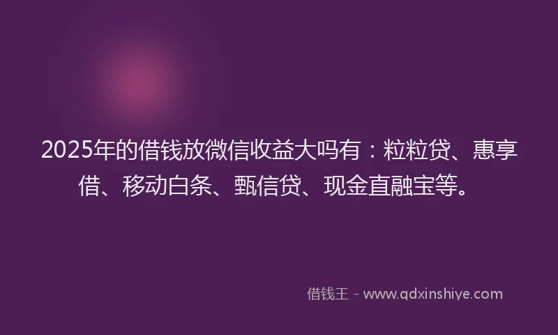 2025年的借钱放微信收益大吗有：粒粒贷、惠享借、移动白条、甄信贷、现金直融宝等。