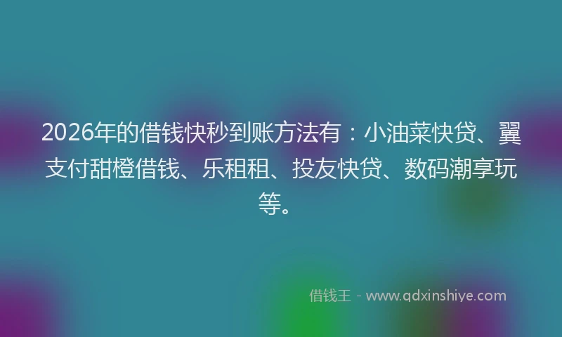 2026年的借钱快秒到账方法有：小油菜快贷、翼支付甜橙借钱、乐租租、投友快贷、数码潮享玩等。