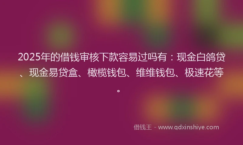 2025年的借钱审核下款容易过吗有：现金白鸽贷、现金易贷盒、橄榄钱包、维维钱包、极速花等。