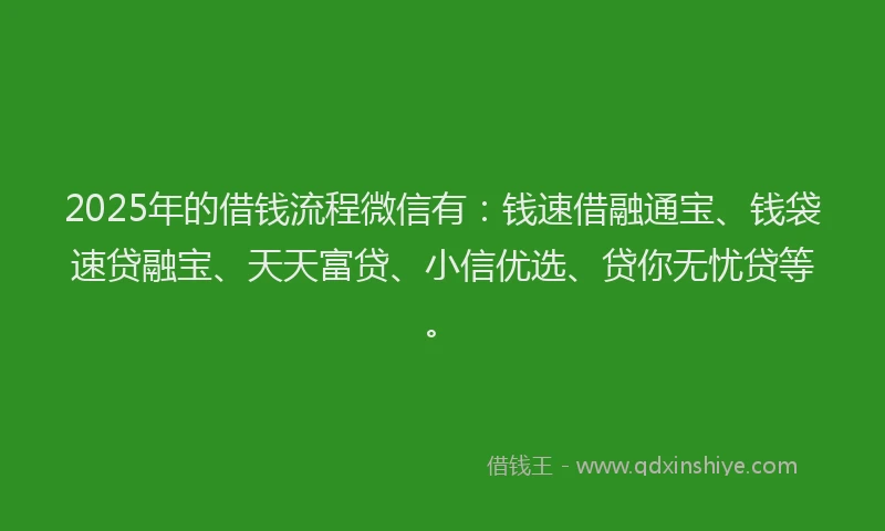 2025年的借钱流程微信有：钱速借融通宝、钱袋速贷融宝、天天富贷、小信优选、贷你无忧贷等。