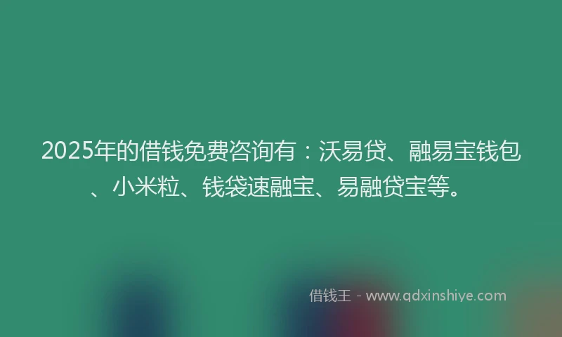 2025年的借钱免费咨询有：沃易贷、融易宝钱包、小米粒、钱袋速融宝、易融贷宝等。