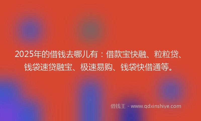 2025年的借钱去哪儿有:借款宝快融、粒粒贷、钱袋速贷融宝、极速易购、钱袋快借通等。