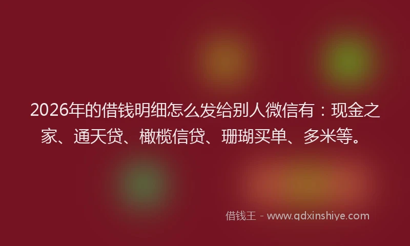 2026年的借钱明细怎么发给别人微信有：现金之家、通天贷、橄榄信贷、珊瑚买单、多米等。