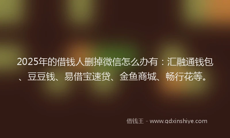 2025年的借钱人删掉微信怎么办有：汇融通钱包、豆豆钱、易借宝速贷、金鱼商城、畅行花等。