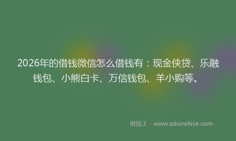2026年的借钱微信怎么借钱有:现金侠贷、乐融钱包、小熊白卡、万信钱包、羊小购等。