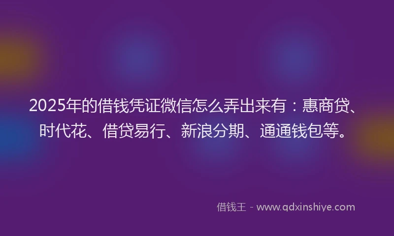 2025年的借钱凭证微信怎么弄出来有：惠商贷、时代花、借贷易行、新浪分期、通通钱包等。